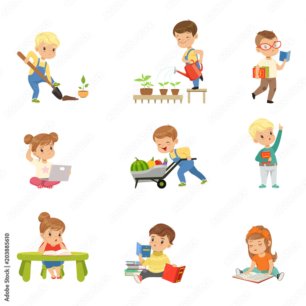 Adorable little kids reading books and working in the garden set, cute preschool children learning, studying and gardening vector Illustrations on a white background