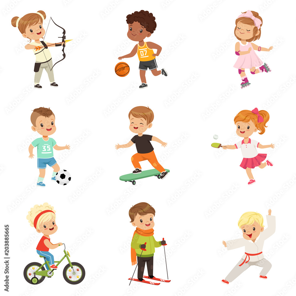Cute little children playing different sports, soccer, basketball, archery, karate, cycling, roller skating, skateboarding sport vector Illustrations on a white background Cute little children playing different sports, soccer, basketball, archery, karate, cycling, roller skating, skateboarding sport vector Illustrations on a white background