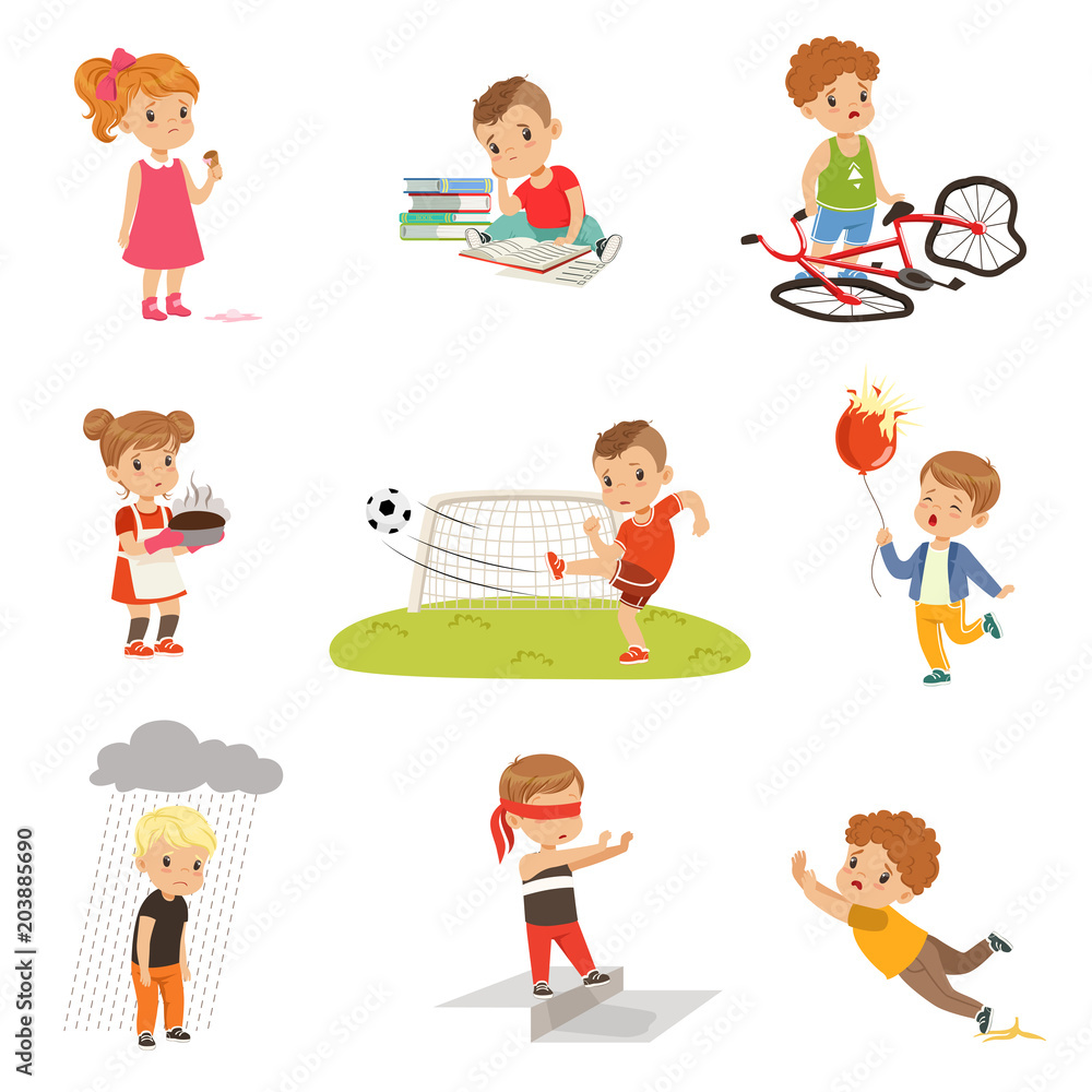 Childrens failures and mistakes set, frustrated kids experiencing their failures vector Illustrations on a white background Childrens failures and mistakes set, frustrated kids experiencing their failures vector Illustrations on a white background