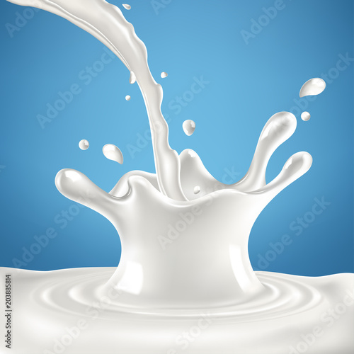 Abstract realistic milk drop with splashes isolated on blue background. vector illustration