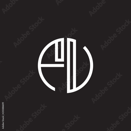 Initial letter FU, FV, minimalist line art monogram circle shape logo, white color on black background