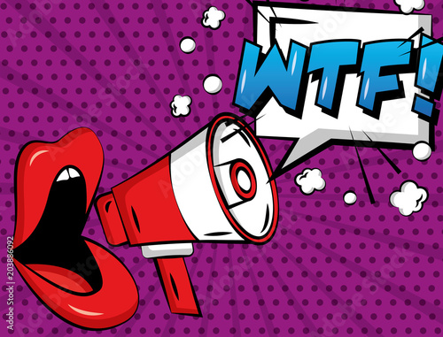 pop art comic woman lips megaphone advertising wtf speech bubble vector illustration