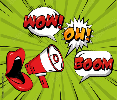 pop art comic woman lips megaphone speech bubbles wow oh and boom vector illustration