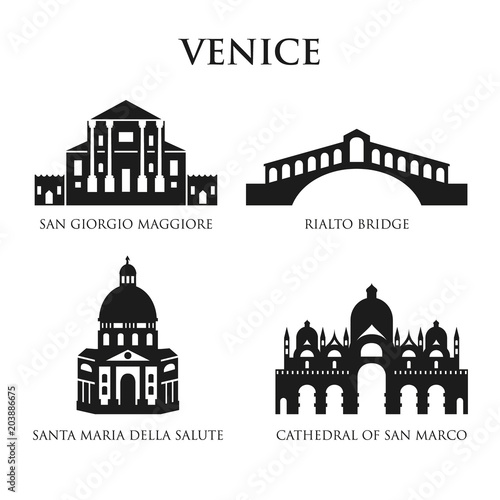 Set of Italy symbols, landmarks in black and white. Vector illustration. Venice, Italy. © daga5