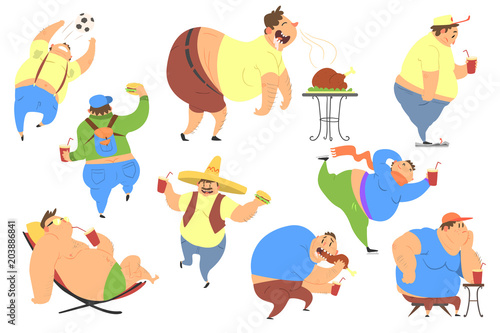Cheerful overweight man in different situations set, funny fat man eating fast food, going in for sports, travelling vector Illustrations on a white background