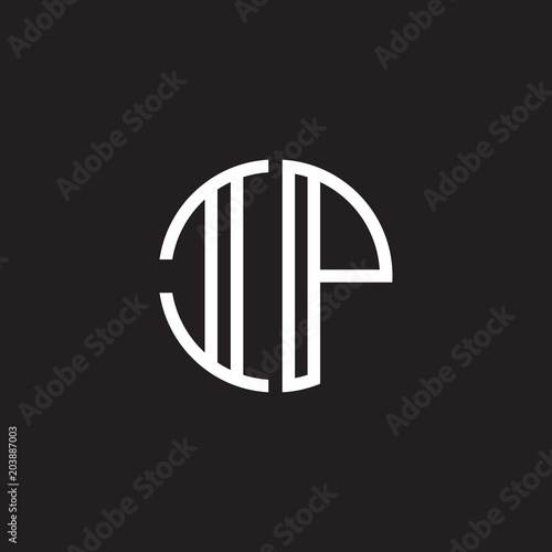 Initial letter IP  minimalist line art monogram circle shape logo  white color on black background