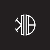 Initial letter KB, minimalist line art monogram circle shape logo, white color on black background
