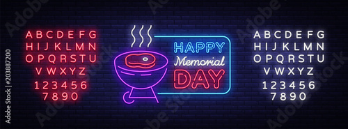 Happy greeting card for Memorial Day neon sign. Happy day of memory - barbecue grill BBQ banner in neon style, celebration of the holidays. Vector illustration. Editing text neon sign