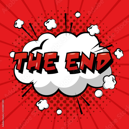 the end speech bubble pop art comic red background vector illustration photo
