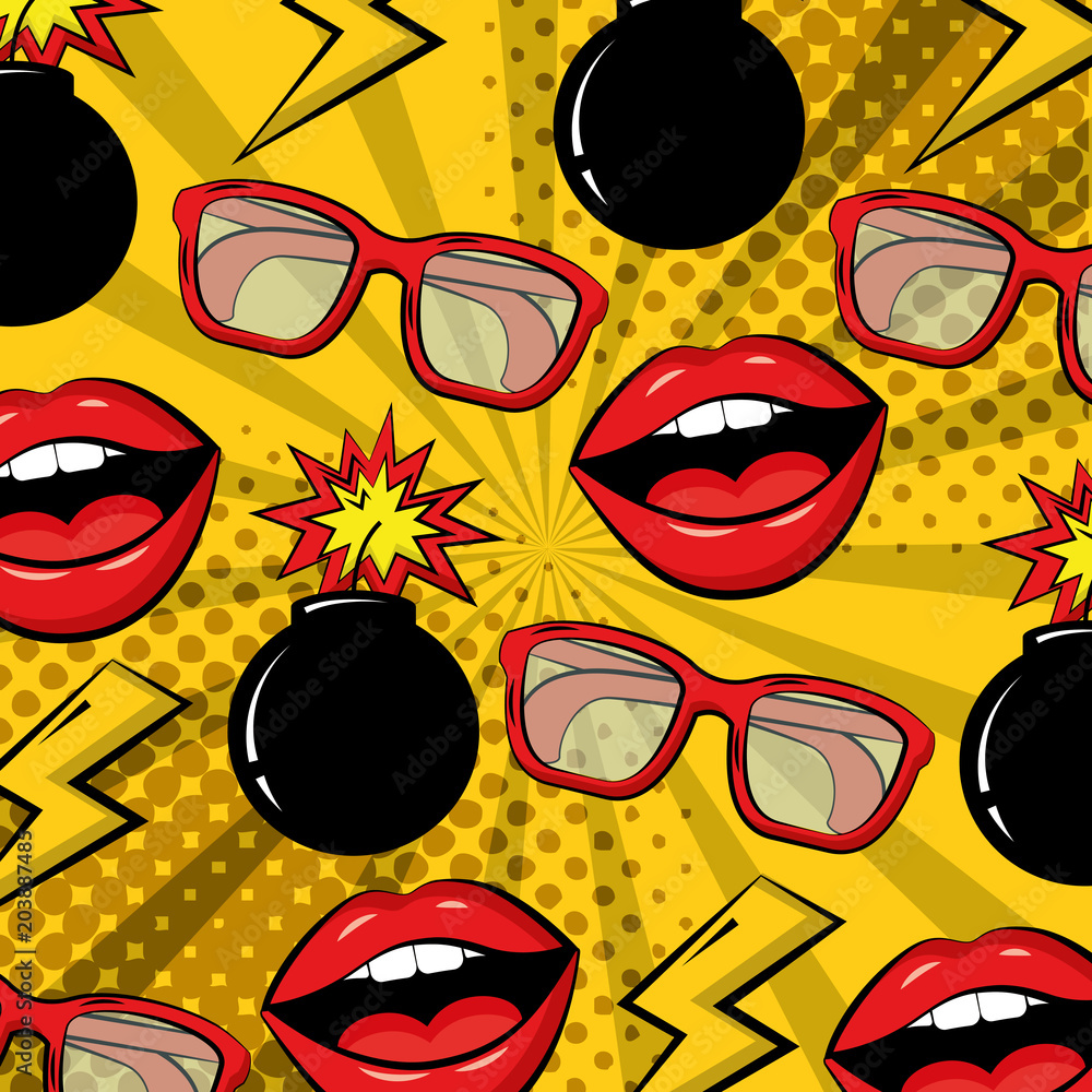 Fototapeta pop-artu komiks bombowe okulary wargi tło projektowania ilustracji wektorowych
