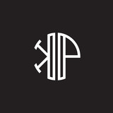 Initial letter KP, minimalist line art monogram circle shape logo, white color on black background