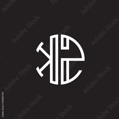 Initial letter KZ, minimalist line art monogram circle shape logo, white color on black background