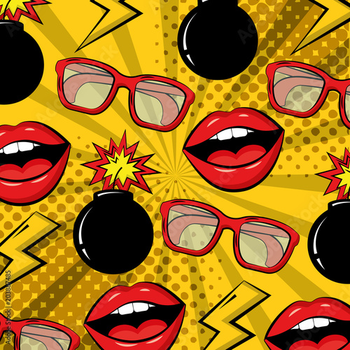 Fototapeta pop-artu komiks bombowe okulary wargi tło projektowania ilustracji wektorowych