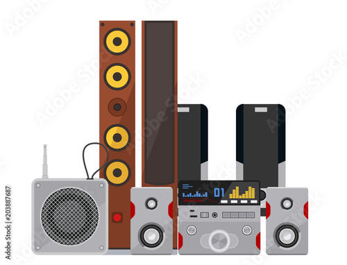 Acoustic sound system stereo flat vector music loudspeakers player subwoofer equipment technology.
