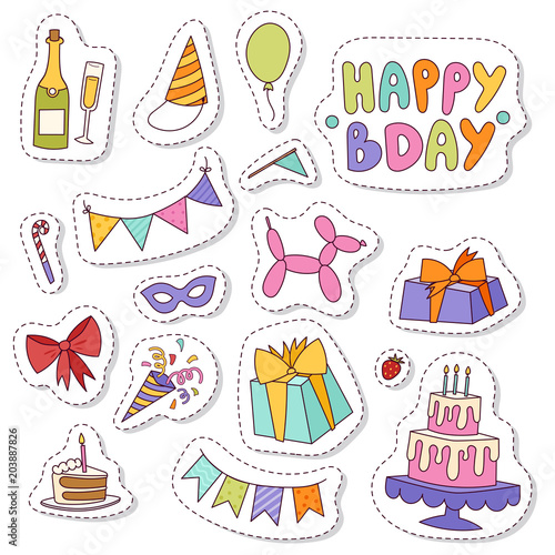 Happy birthday party celebration entertainment confetti present balloon decoration for holiday fun anniversary congratulation vector illustration.