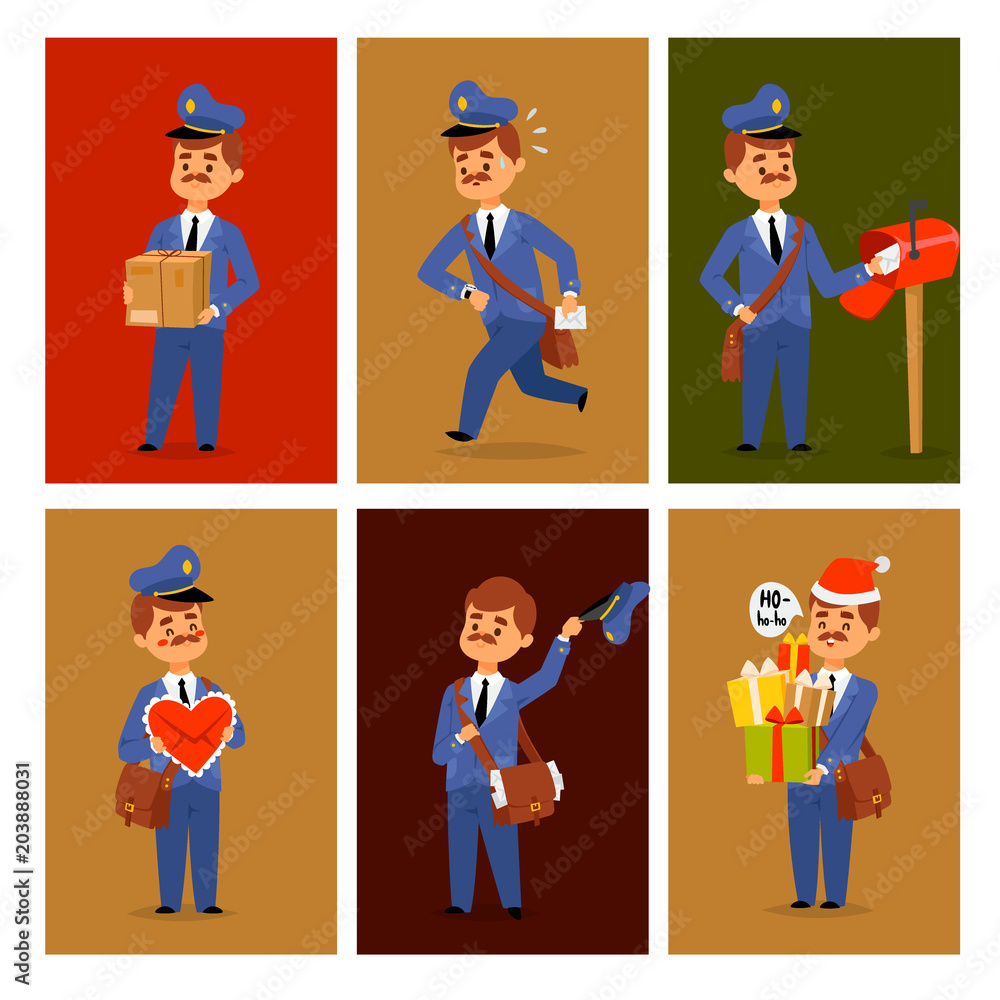Postman delivery man character vector cards courier occupation carrier package mail shipping deliver professional people with envelope. Postman delivery man character vector cards courier occupation carrier package mail shipping deliver professional people with envelope.