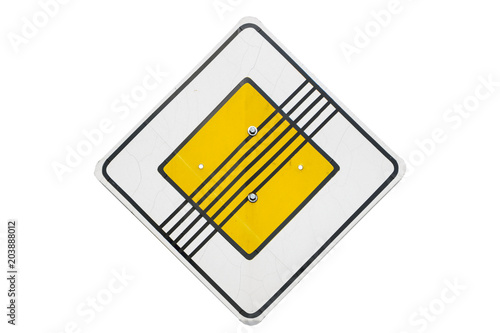 Road sign 'End of rriority road' isolated on white