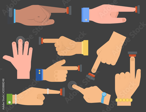 Hand press red button vector finger control start up arm push pointer cursor target gesture internet human body part illustration.