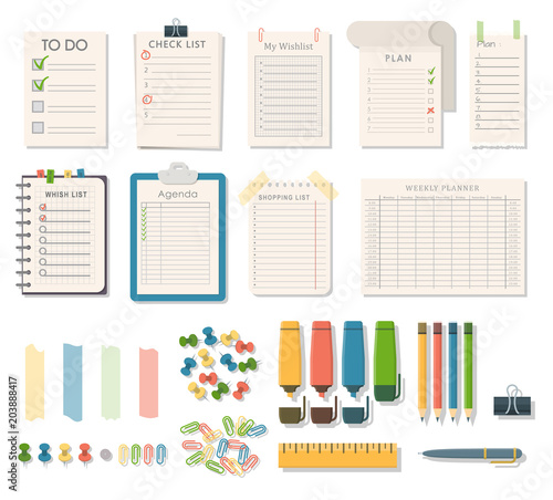 Agenda list vector business paper clipboard in flat style self-adhesive checklist notes schedule calendar planner organizer article illustration.