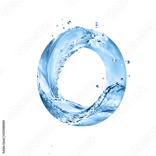 stylized font, text made of water splashes, capital letter o, isolated on white background