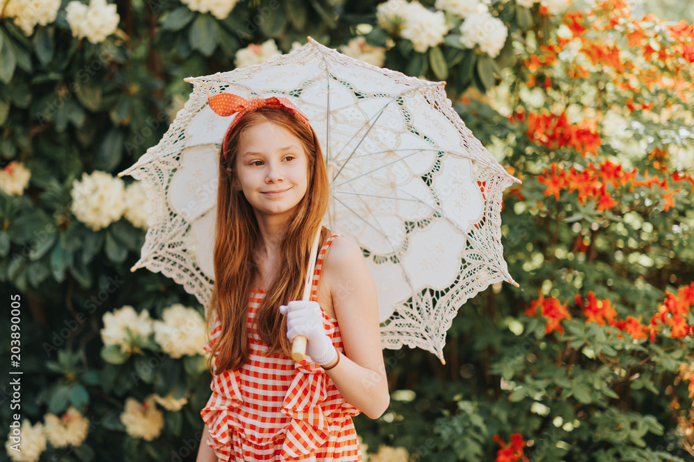 Funny little girl wearing gingham playsuit, white gloves, holding lace  parasol, retro stylized image Stock Photo | Adobe Stock