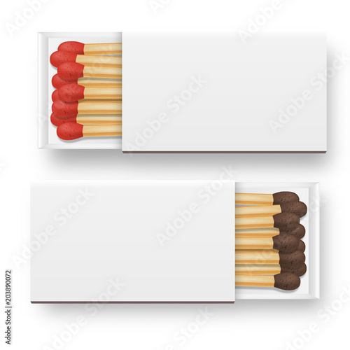 Vector 3d realistic opened blank box of matches icon set, closeup isolated on white background, top view, red and brown heads. Design template, clipart for graphics