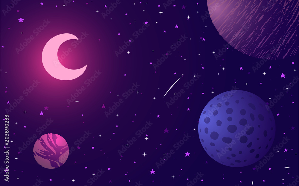 Vector illustration. Fairy tale moon among space, planets and stars. Vector illustration. Fairy tale moon among space, planets and stars.