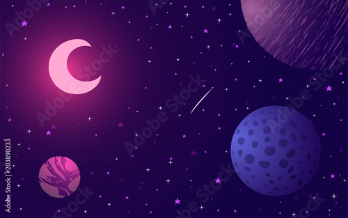 Vector illustration. Fairy tale moon among space, planets and stars.