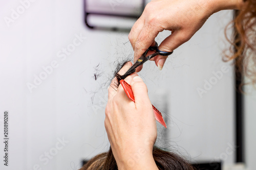 Hairdresser makes hairstyle for woman. Hands of hairdresser with scissors and comb_
