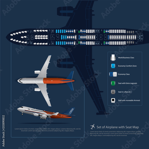 Set of Airplane with Seat Map Isolated Vector Illustration