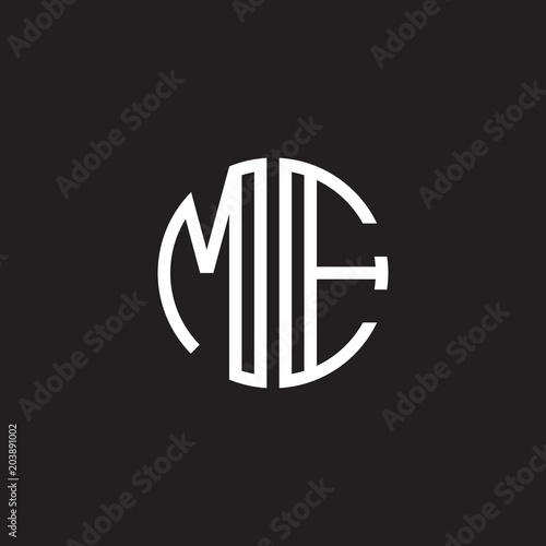 Initial letter ME  minimalist line art monogram circle shape logo  white color on black background