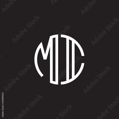 Initial letter MI, minimalist line art monogram circle shape logo, white color on black background