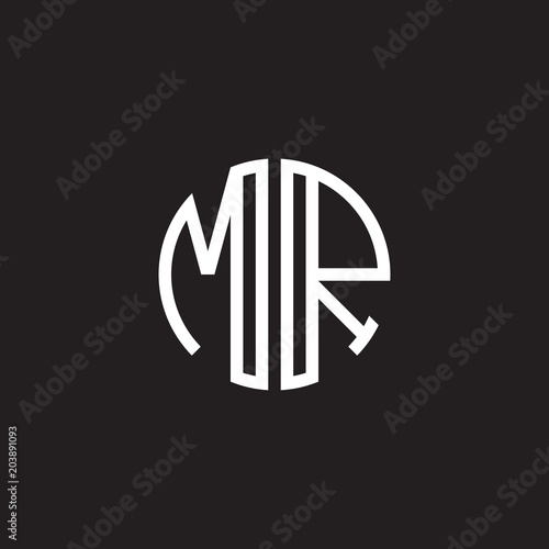Initial letter MR, minimalist line art monogram circle shape logo, white color on black background