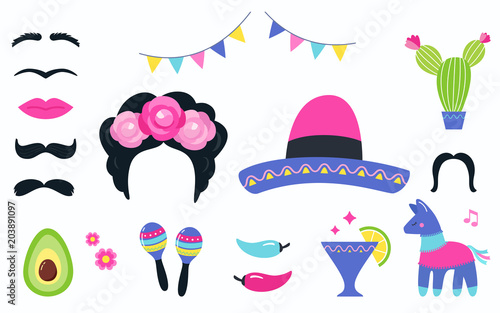 Mexican Fiesta Party Elements and Photo Booth Props Set. Vector Design photo