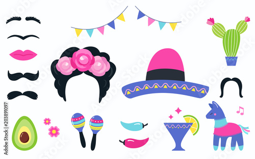 Mexican Fiesta Party Elements and Photo Booth Props Set. Vector Design