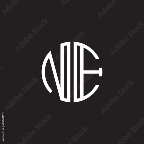 Initial letter NE, minimalist line art monogram circle shape logo, white color on black background