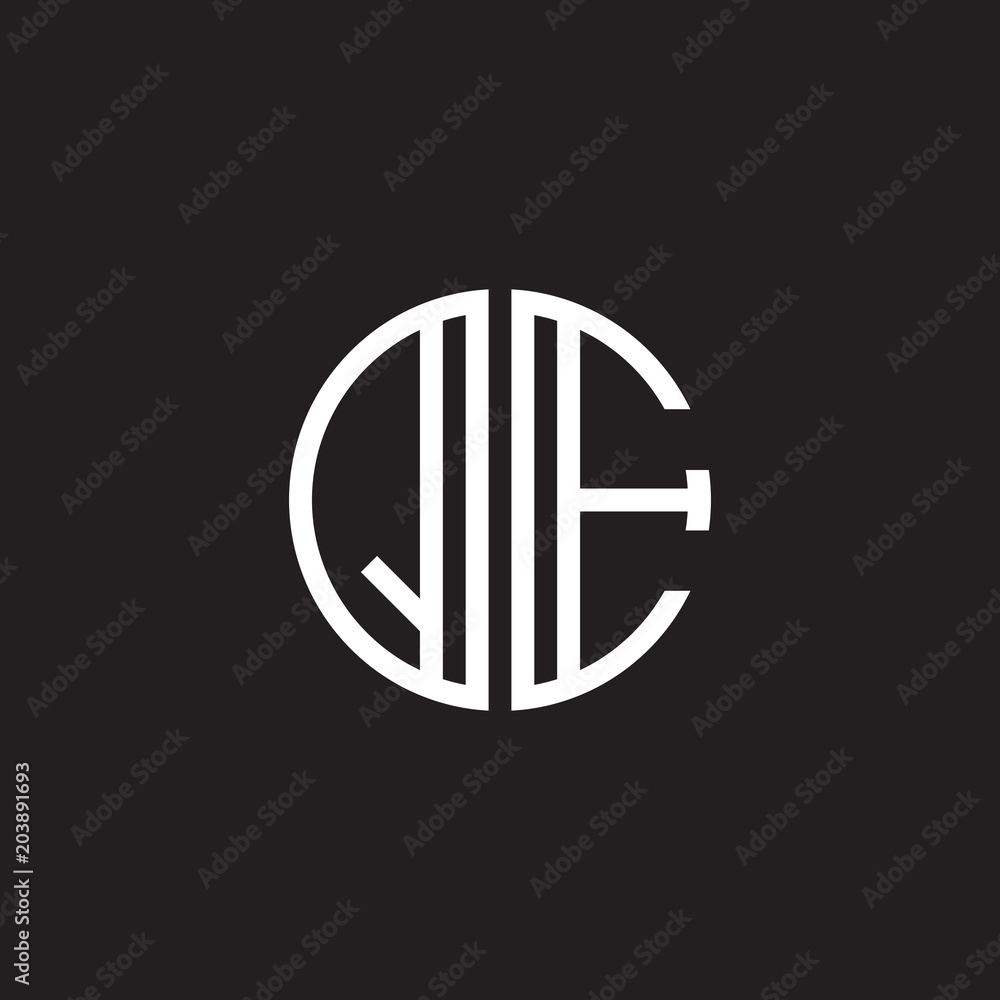 Initial letter QE, minimalist line art monogram circle shape logo, white color on black background