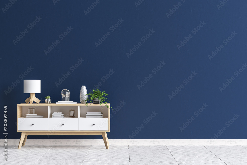 Chest of drawers in living room interior, dark blue wall mock up background, 3D render - obrazy, fototapety, plakaty 
