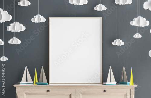 Mock up poster frame in children room, Scandinavian style interior background, 3D render