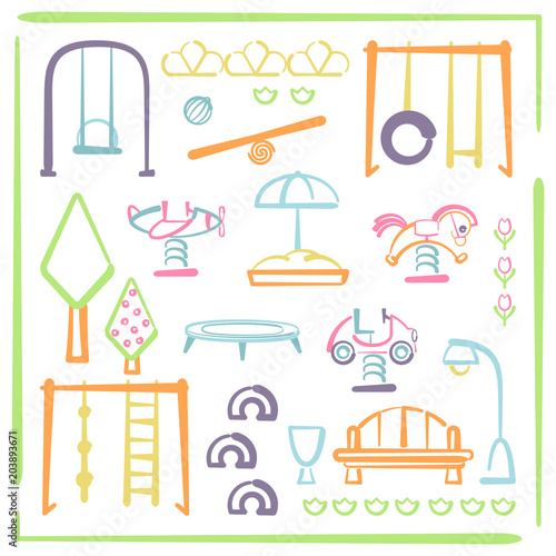Playground equipment set. Hand drawn style. Can be used for a children's illustration