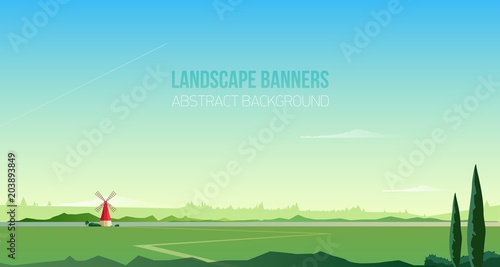 Horizontal background or banner template with spectacular rural landscape or natural scenery. Gorgeous countryside with windmill, field, road, trees, beautiful sky. Modern vector illustration.