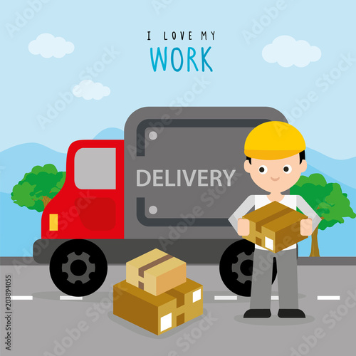 Freighter Service Delivery Carton Box Truck Car Boy Cartoon Character Vector 