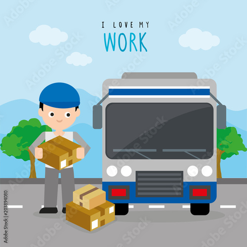 Freighter Service Delivery Carton Box Truck Car Boy Cartoon Character Vector 