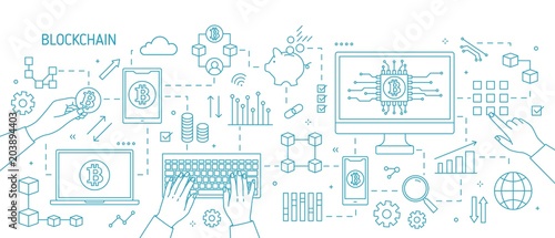 Horizontal monochorme banner with hands, computer, laptop, other electronic devices, bitcoin symbols. Blockchain, cryptocurrency or digital currency technology. Vector illustration in line art style.