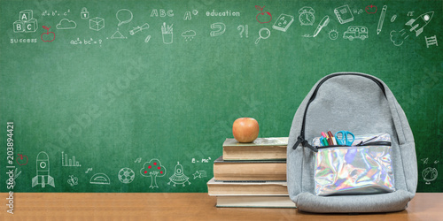 Fotografie Back to school concept with school books, textbooks, backpack and stationery sup