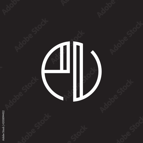 Initial letter PU, PV, minimalist line art monogram circle shape logo, white color on black background