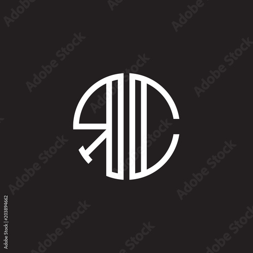 Initial letter RC  minimalist line art monogram circle shape logo  white color on black background