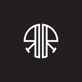 Initial letter RR mirror, minimalist line art monogram circle shape logo, white color on black background
