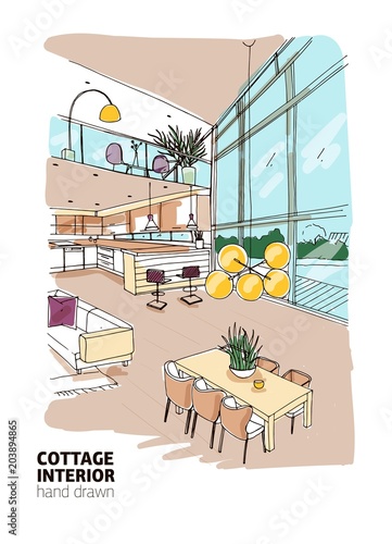 Colorful freehand drawing of modern country house or summer cottage interior ...