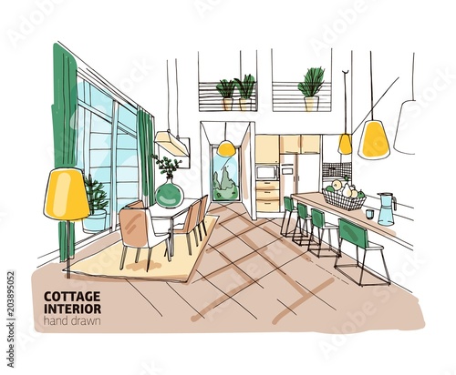 Colorful freehand sketch of mansion or summer cottage interior with stylish c...